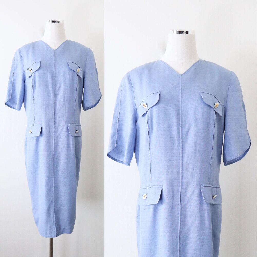 Vintage 1980s Louis Feraud US 12 Woven Sheath Dress Blue Button Front